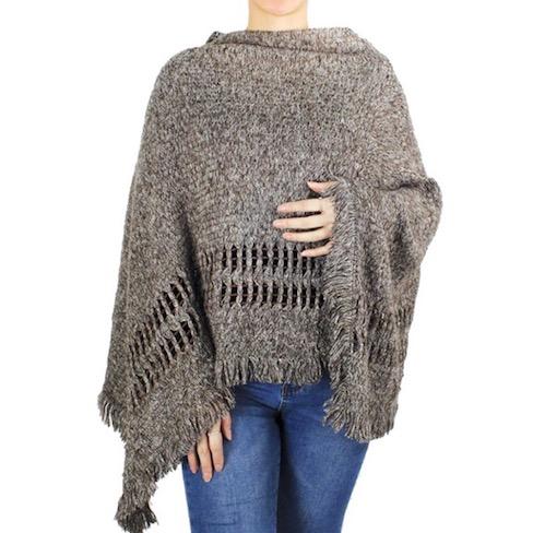 Brown Two Tone Detailed Knit Pattern Accented Poncho Outwear Ruana Cover Up, the perfect accessory, luxurious, trendy, super soft chic warm cover, keeps you warm & toasty. You can throw it on over so many pieces elevating any casual outfit! Perfect Gift Birthday, Holiday, Christmas, Anniversary, Wife, Mom, Special Occasion