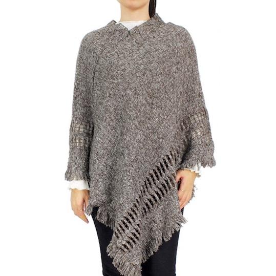 Brown Two Tone Detailed Knit Pattern Accented Poncho Outwear Ruana Cover Up, the perfect accessory, luxurious, trendy, super soft chic warm cover, keeps you warm & toasty. You can throw it on over so many pieces elevating any casual outfit! Perfect Gift Birthday, Holiday, Christmas, Anniversary, Wife, Mom, Special Occasion