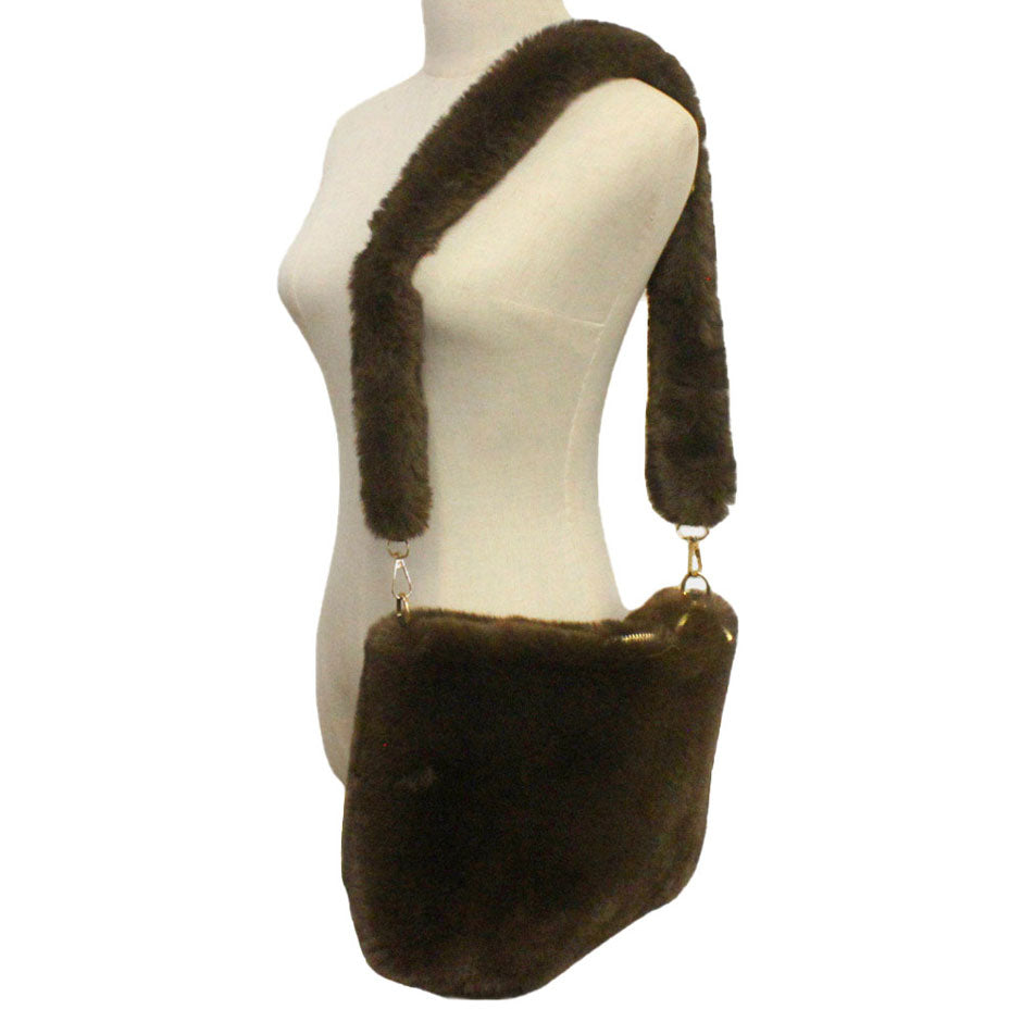 Blue Zipper Closure Solid Faux Fur Crossbody Bag, This high quality evening Crossbody is both unique and stylish. perfect for money, credit cards, keys or coins, comes with a wristlet for easy carrying, light and simple. Look like the ultimate fashionista carrying this trendy  Solid Faux Fur Crossbody Bag!