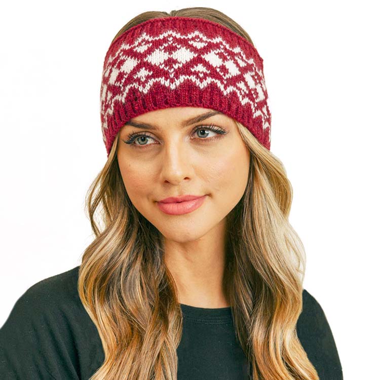 Burgundy Aztec Pattern Ear Warmer Headband, Ear Warmer Headband with a beautiful Aztec Pattern can be worn centered or to the side for your comfort. It will shield your ears from cold winter weather ensuring all-day comfort and warmth. The headband is soft, comfortable, and warm adding a touch of classy style to your look. Show off your trendsetting style when you wear this ear warmer and be protected in the cold winter winds. Stay trendy and cozy.