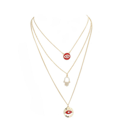 Burgundy Enamel Rhinestone Embellished Evil Eye Hand Pendant Triple Layered Necklace, Get ready with these Pendant Triple Layered Necklace, put on a pop of color to complete your ensemble. Perfect for adding just the right amount of shimmer & shine  Perfect Birthday Gift, Anniversary Gift, Mother's Day Gift, Graduation Gift.