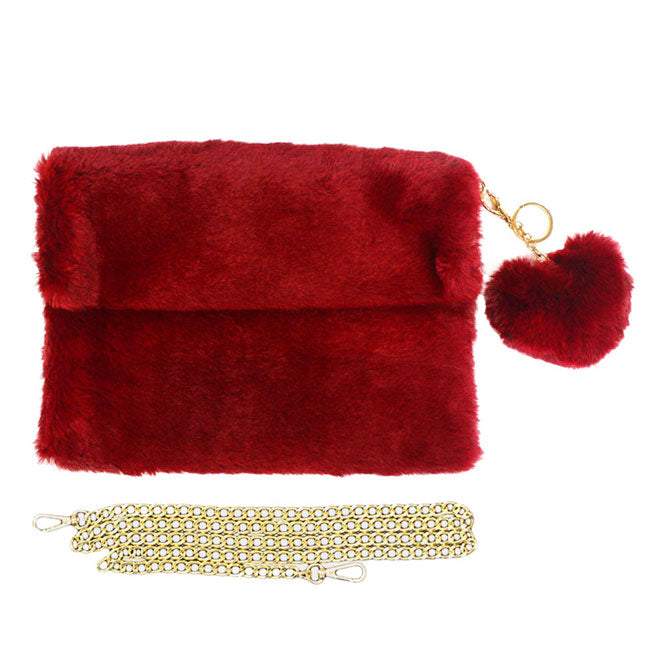 Burgundy Harper Faux Fur Crossbody Bag Detachable Heart Pom Pom Key Chain the must have statement look, adds a chic, trendy touch to your ensemble. Add a pop of color with this versatile bag, detachable gold chain shoulder strap so you can switch up the style to suit your outfit, great for a night out. Soiree-ready perfect for wedding, prom, night out, sweet 16, Quinceañera. perfect birthday gift, anniversary gift, valentine's day gift, etc. 