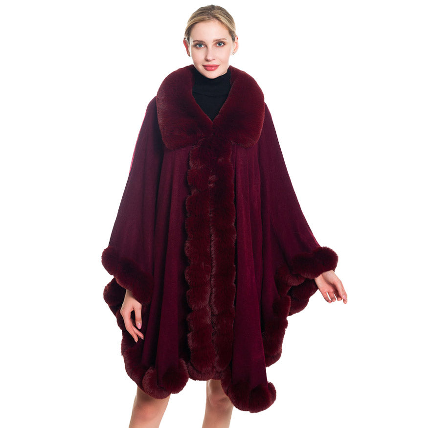 Elegant Faux Fur Trim Poncho Ruana Wrap