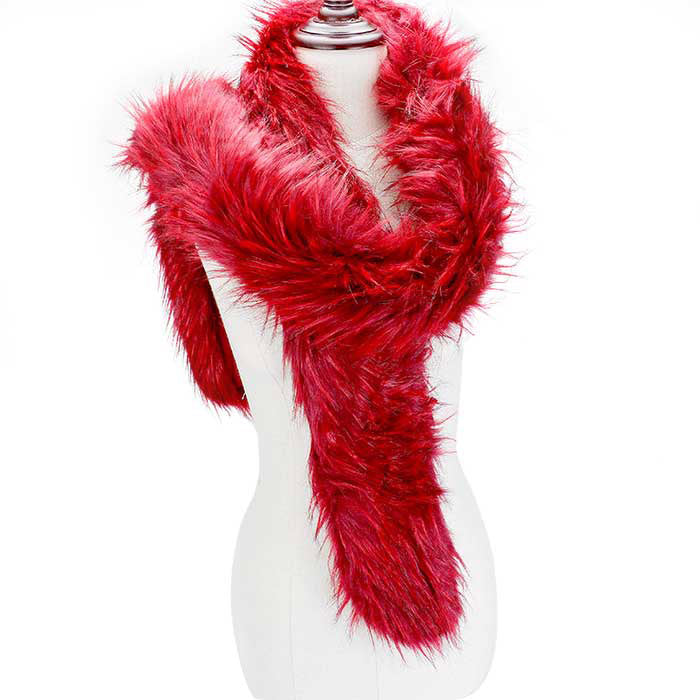 Burgundy Long Faux Furry Layover Scarf, accent your look with this soft, highly versatile layover scarf. It gives a lot of options to dress up your attire. It goes well with everything from jeans and a tee to work trousers and a sweater.  Soft, comfy, trendy, and beautiful that can keep you perfectly warm and gorgeous at the same time. A great wardrobe staple.