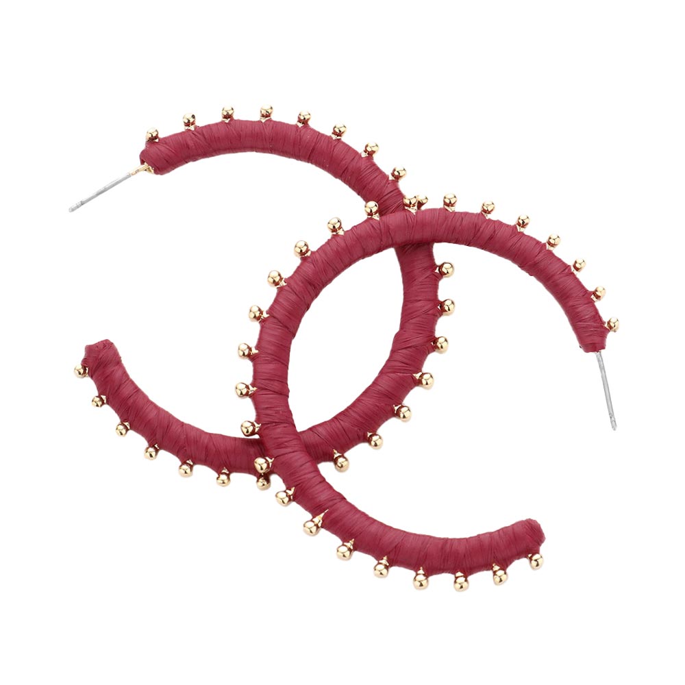Burgundy Metal Ball Trimmed Raffia Wrapped Hoop Earrings, enhance your attire with these beautiful raffia earrings to show off your fun trendsetting style. Get a pair as a gift to express your love for any woman person or for just for you on birthdays, Mother‚Äö√Ñ√¥s Day, Anniversary, Holiday, Christmas, Parties, etc.