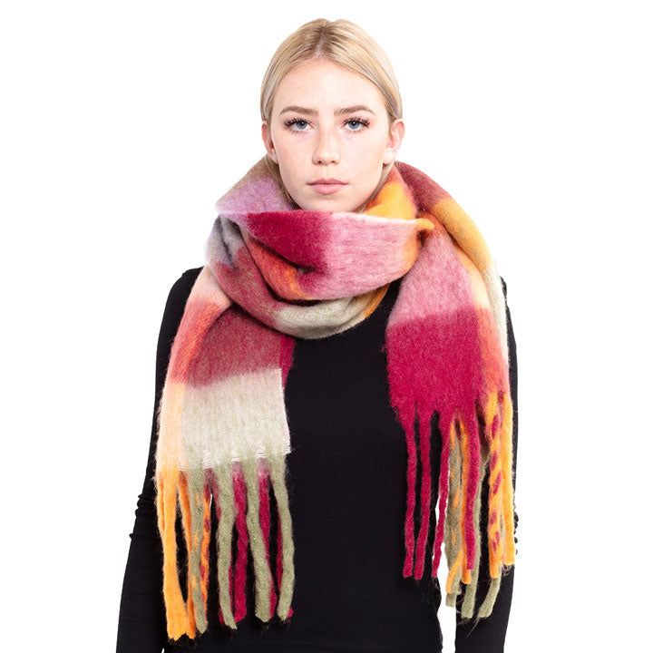 Burgundy-Orange Multi Color Block Tassel Oblong Scarf Oblong Wrap Oblong Shawl Scarf, accent your look with this soft, highly versatile oblong scarf. A rugged staple that brings a chic look with warm weather intentions, this classic, long scarf, is an easy choice to fight against the cold of winter. It's beautiful tonal leaf pattern will pair well with your wardrobe and keep you warm. 