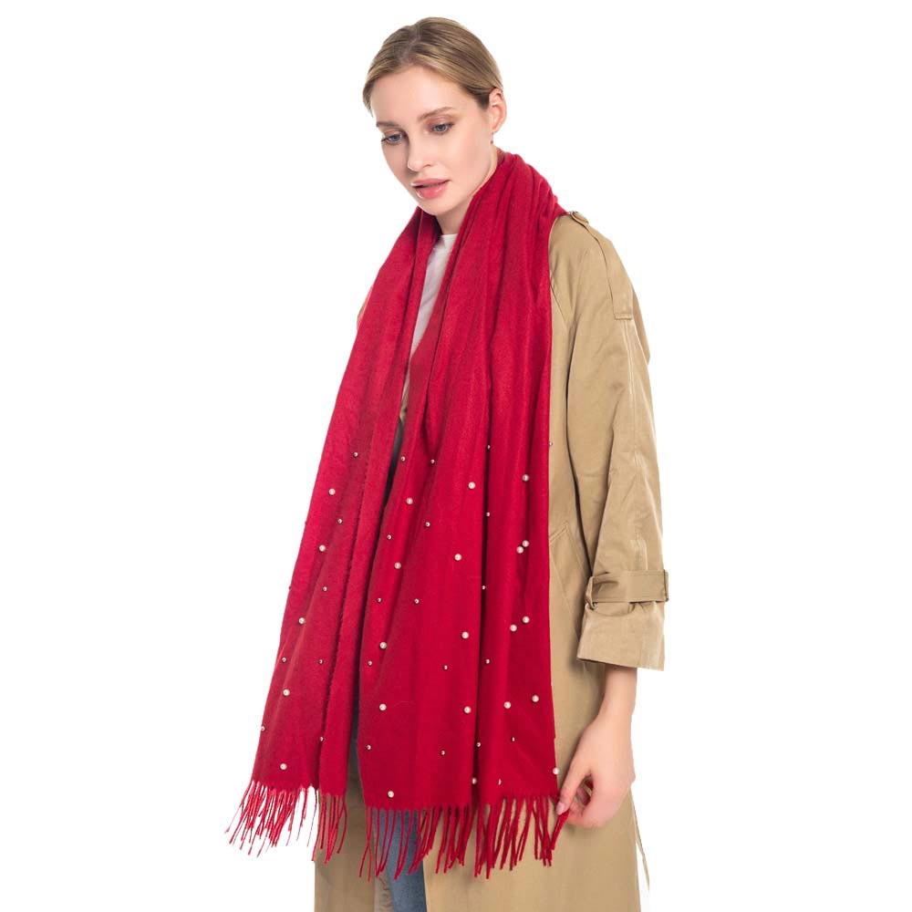 Burgundy Pearl Embellished Solid Oblong Scarf, delicate, These Winter scarfs for women are elegant, and lightweight and can be added to any outfit to keep up with the latest color trends. Warm, on-trend & fabulous, a luxe addition to any cold-weather ensemble. Lovely pearl decoration makes you look chic and fashionable.