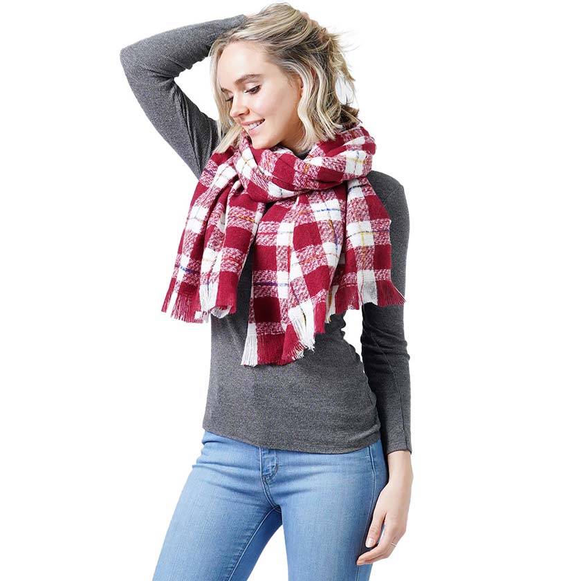 Burgundy Plaid Check Oblong Scarf, accents your look with a soft, highly versatile plaid design and keeps you warm and toasty on cold days and in winter. A rugged staple brings a classic look. The variety of its color adds harmony & completes your outfit in style. You will feel cozy, comfortable, and confident everywhere with this oblong scarf. Throw it on over so many pieces elevating any casual outfit!