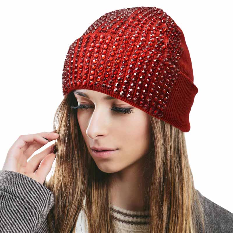 Burgundy Single Sided Studded Knit Beanie Hat, The beanie hat is made of soft, gentle, skin-friendly, and elastic fabric, which is very comfortable to wear. This Single Sided design is embellished with a shimmering Studded for the ultimate glam look! It provides warmth to your head and ears, protects you from the wind, chill & cold weather, and becomes your ideal companion in autumn and winter. Suitable for wearing for a variety of outdoor activities