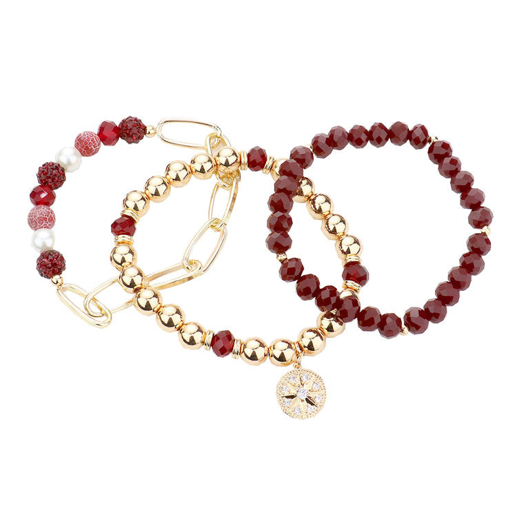 Burgundy  Three PCS - Stone Embellished North Star Charm Multi Beaded Stretch Bracelets, Get ready with these Stretch Evening Bracelet, put on a pop of color to complete your ensemble. Perfect for adding just the right amount of shimmer & shine . Perfect Birthday Gift, Anniversary Gift, Mother's Day Gift, Graduation Gift.