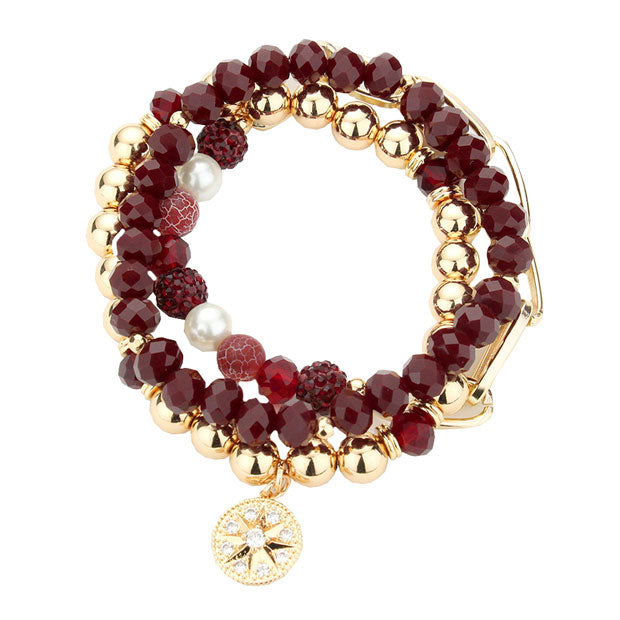 Burgundy  Three PCS - Stone Embellished North Star Charm Multi Beaded Stretch Bracelets, Get ready with these Stretch Evening Bracelet, put on a pop of color to complete your ensemble. Perfect for adding just the right amount of shimmer & shine . Perfect Birthday Gift, Anniversary Gift, Mother's Day Gift, Graduation Gift.