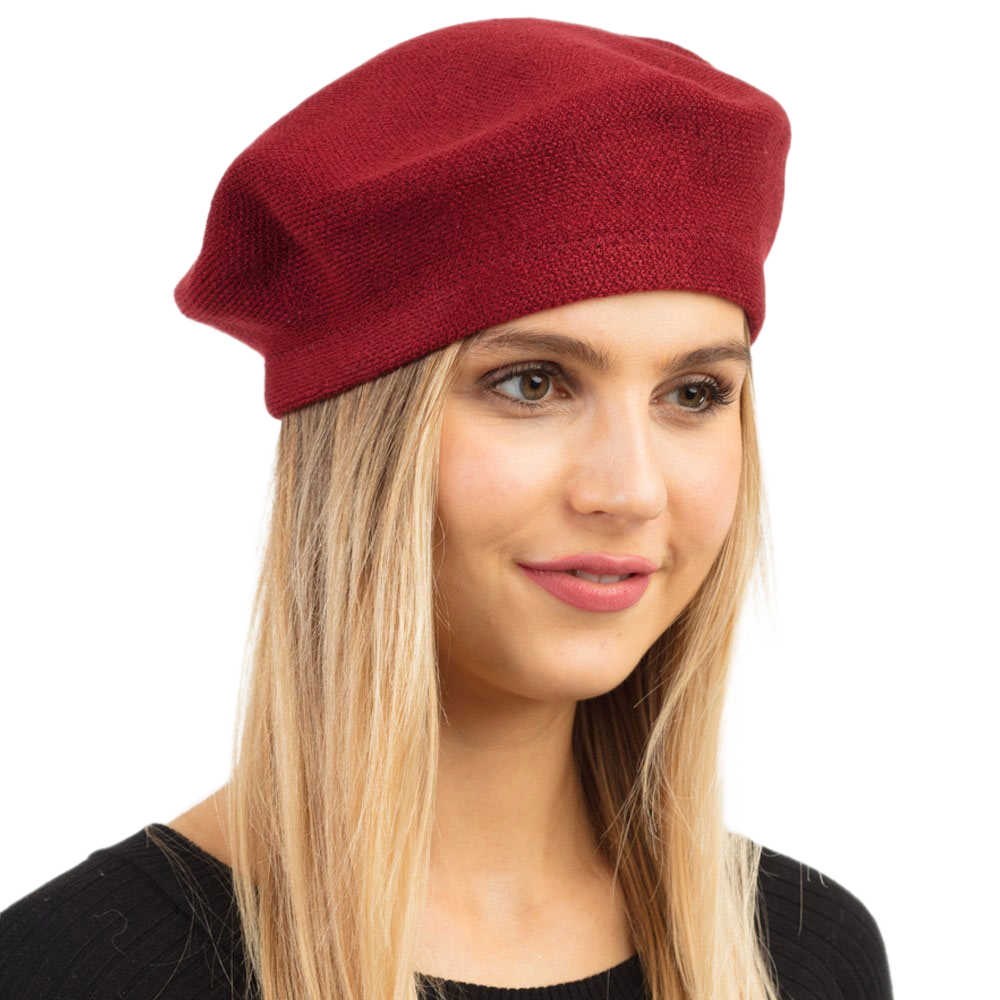 Burgundy  Women Beret Hat Solid Color Stretchy Beret Cap, Stretchy Solid Beret Stylish Hat; this hat is snug on the head and works well to keep rain off the head, out of the eyes, and also the back of the neck. Wear it to lend a modern liveliness above a raincoat on trans-seasonal days in the city. Perfect Gift for that fashion-forward friend