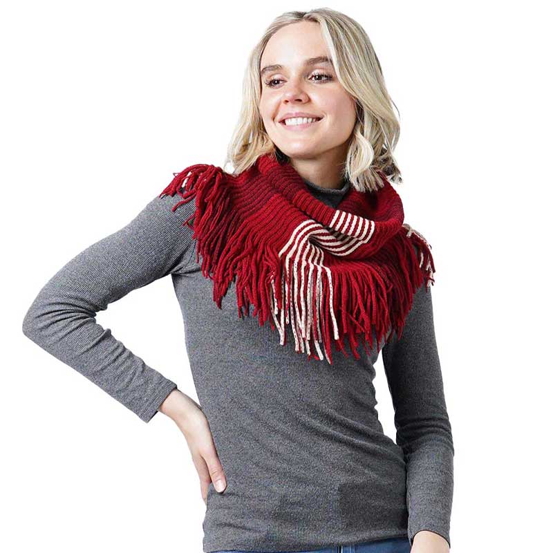 Burgundy Stripe Knit Tube Scarf With Tassel, This knit tube scarf is perfect and cozy accessory to keep you warm and stylish. on trend & fabulous, a luxe addition to any cold-weather ensemble. You will always look chic and elegant wearing this feminine pieces. Great for everyday use in the chilly winter to ward against coldness. Awesome winter gift accessory!