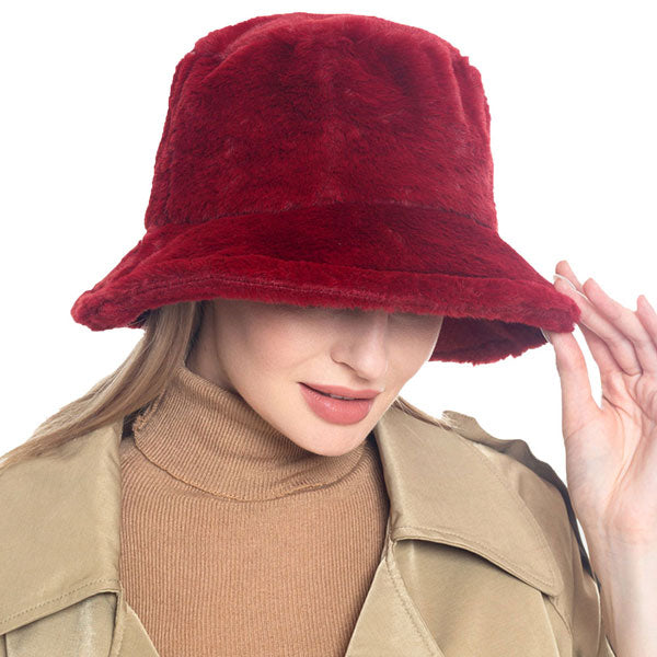 Burgundy Trendy & Fashionable Winter Faux Fur Solid Bucket Hat. Before running out the door into the cool air, you’ll want to reach for this toasty beanie to keep you incredibly warm. Accessorize the fun way with this beanie hat, it's the autumnal touch you need to finish your outfit in style. Awesome winter gift accessory!