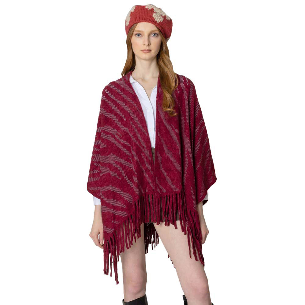 Burgundy Zebra Patterned Crochet Poncho, on-trend & fabulous will surely amp up your beauty in perfect style. A luxe addition to any cold-weather ensemble. The perfect accessory, luxurious, trendy, super soft chic capelet. It keeps you warm and toasty in winter & cold weather. You can throw it on over so many pieces elevating any casual outfit! Perfect Gift for Wife, Mom, Birthday, Holiday, Anniversary, or Fun Night Out. Have a comfortable winter!