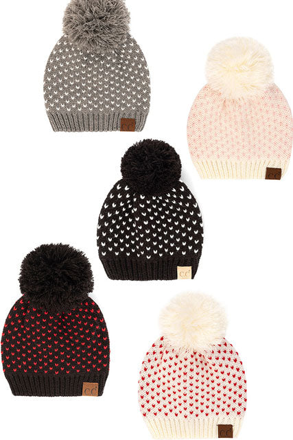 C.C Heart Pattern Knit Pom Beanie Hat, before running out the door into the cool air, you’ll want to reach for this toasty beanie to keep you incredibly warm. Accessorize the fun way with this faux fur pom pom hat, it's the autumnal touch you need to finish your outfit in style. Awesome winter gift accessory! Perfect Gift Birthday, Christmas, Stocking Stuffer, Secret Santa, Holiday, Anniversary, Valentine's Day, Loved One.