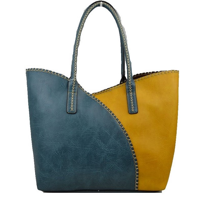 Blue and Mustard Vegan Tote 2 in 1 Faux Leather Stitched Shoulder Bag Hobo Tote, largely spaced, daily necessities can be put into this bag, designer inspired, includes a smaller pouch & long strap to use separately, take it to school, work or a day trip. Coordinate with any ensemble from business casual to everyday wear. Perfect Gift