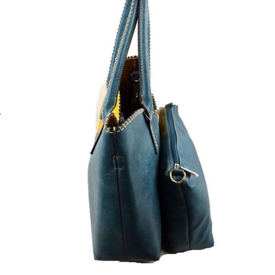 Blue and Mustard Vegan Tote 2 in 1 Faux Leather Stitched Shoulder Bag Hobo Tote, largely spaced, daily necessities can be put into this bag, designer inspired, includes a smaller pouch & long strap to use separately, take it to school, work or a day trip. Coordinate with any ensemble from business casual to everyday wear. Perfect Gift