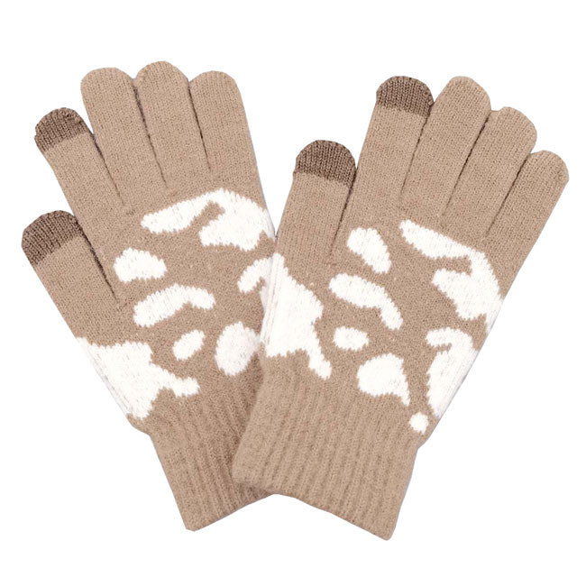 Camel Acrylic One Size Cow Patterned Knit Smart Gloves. Before running out the door into the cool air, you’ll want to reach for these toasty gloves to keep your hands incredibly warm. Accessorize the fun way with these gloves, it's the autumnal touch you need to finish your outfit in style. Awesome winter gift accessory!