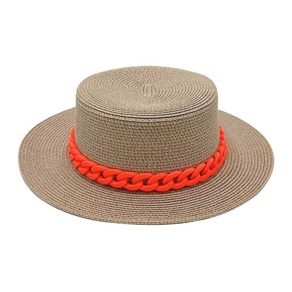 Camel Colored Chain Band Panama Sun Hat, adds a great accent to your wardrobe, Unique, timeless and classic. Panama Sun Hat looks cool and fashionable. Perfect for that bad hair day, or simply casual everyday wear; Makes a great gift for that fashionable on-trend friend of yours. Perfect for keeping the sun off of your face, neck, and shoulders.