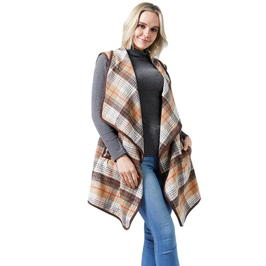 Camel Fashionable Plaid Check Vest With Pocket, the perfect accessory for boosting up your gorgeousness and confidence with comfort. It's a luxurious, trendy, super soft chic capelet that keeps you smarter, warm, and toasty. You can throw it on over so many pieces elevating any casual outfit! Perfect Gift for Wife, Mom, Birthday, Holiday, Christmas, Anniversary, Fun Night Out. Wherever you go, show your confidence with this fashionable vest.