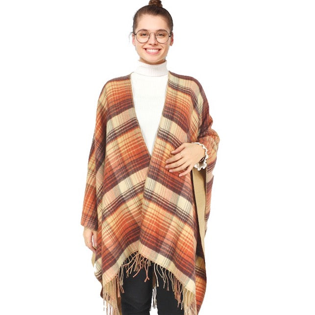 Camel Reversible Plaid Check Patterned Tassel Cape Poncho, with the latest trend in ladies' outfit cover-up! the high-quality knit poncho is soft, comfortable, and warm but lightweight. It's perfect for your daily, casual, evening, vacation, and other special events outfits. A fantastic gift for your friends or family.