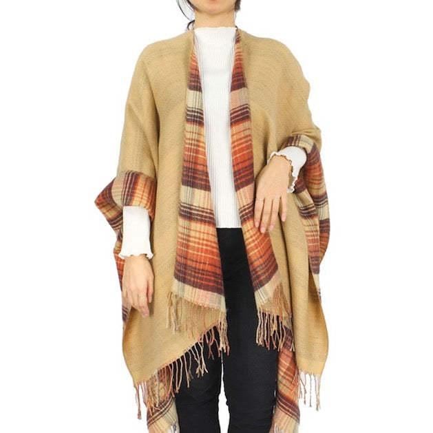 Camel Reversible Plaid Check Patterned Tassel Cape Poncho, with the latest trend in ladies' outfit cover-up! the high-quality knit poncho is soft, comfortable, and warm but lightweight. It's perfect for your daily, casual, evening, vacation, and other special events outfits. A fantastic gift for your friends or family.