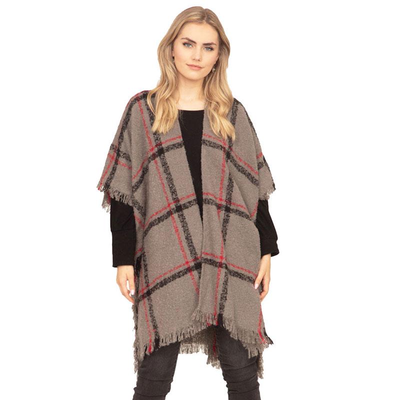 Charcoal Polyester Fall Winter Plaid Check Poncho, the perfect accessory, luxurious, trendy, super soft chic capelet, keeps you warm and toasty. You can throw it on over so many pieces elevating any casual outfit! Perfect Gift for Wife, Mom, Birthday, Holiday, Christmas, Anniversary, Fun Night Out