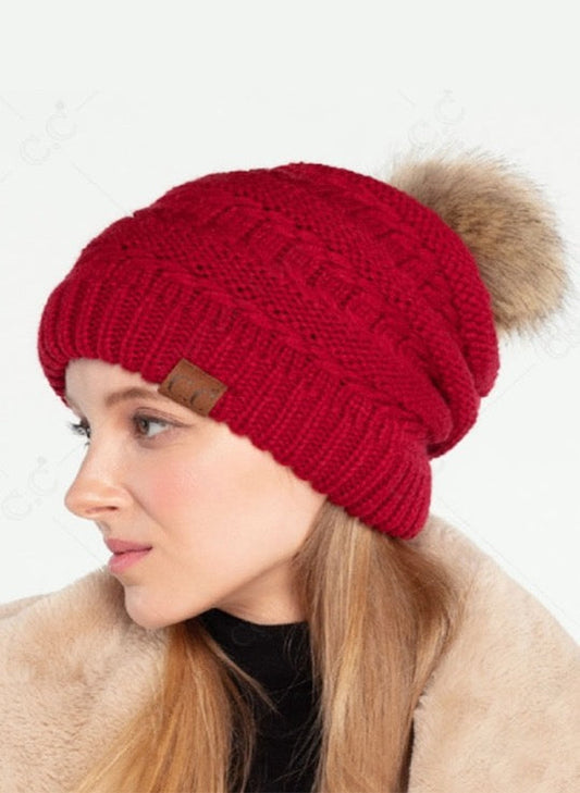 Chili Pepper C.C Decorative Tilted Whip Stitch Slouch Beanie Fur Pom Pom Winter Hat; reach for this classic toasty hat to keep you nice n warm in the chilly winter weather, the wintry touch finish to your outfit. Perfect Gift Birthday, Christmas, Holiday, Anniversary, Stocking Stuffer, Secret Santa, Valentine's Day, Loved One, BFF