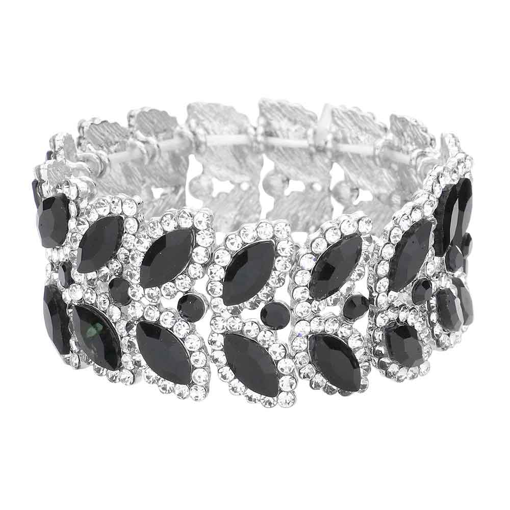 Clear Black Marquise Stone Embellished Stretch Evening Bracelet, This Marquise Stretch Bracelet sparkles all around with it's surrounding round stones, stylish stretch bracelet that is easy to put on, take off and comfortable to wear. It looks modern and is just the right touch to set off LBD. Perfect jewelry to enhance your look. Awesome gift for birthday, Anniversary, Valentine’s Day or any special occasion.