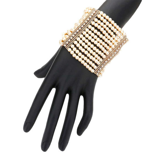 Clear Cream Rhinestone Accented Pearl Multi Stretch Bracelet. Get ready with this Bracelet, Beautifully crafted design adds a gorgeous glow to any outfit. Jewelry that fits your lifestyle! Perfect Birthday Gift, Anniversary Gift, Mother's Day Gift, Anniversary Gift, Graduation Gift, Prom Jewelry, Just Because Gift, Thank you Gift.