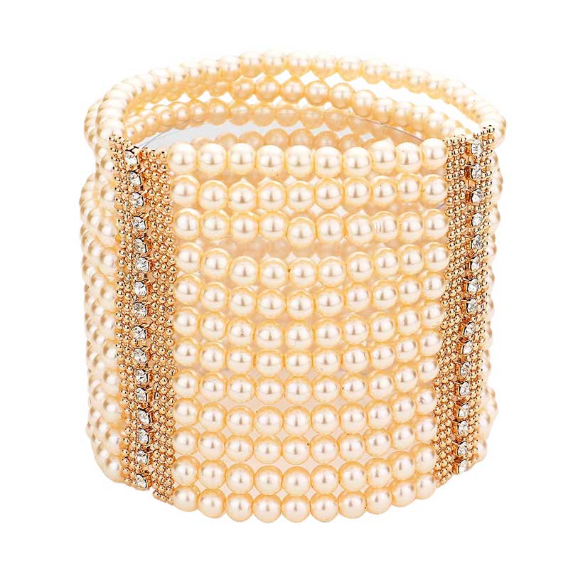 Clear Cream Rhinestone Accented Pearl Multi Stretch Bracelet. Get ready with this Bracelet, Beautifully crafted design adds a gorgeous glow to any outfit. Jewelry that fits your lifestyle! Perfect Birthday Gift, Anniversary Gift, Mother's Day Gift, Anniversary Gift, Graduation Gift, Prom Jewelry, Just Because Gift, Thank you Gift.