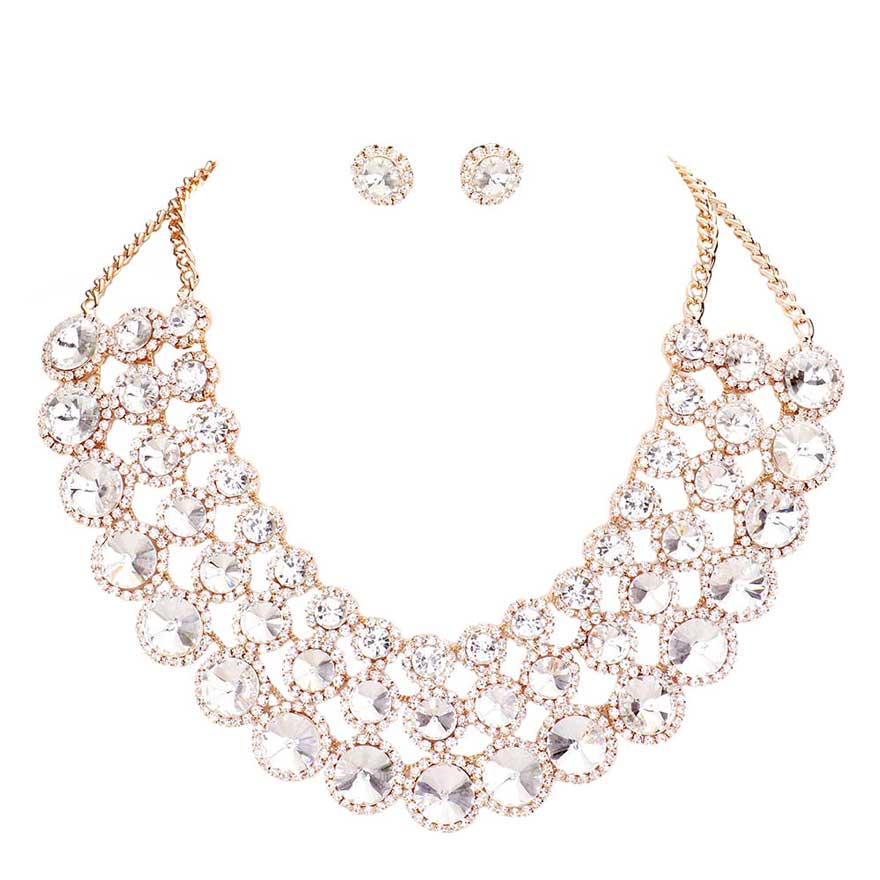 Clear Gold Crystal Pave Trim Round Evening Necklace, Beautifully crafted design adds a gorgeous glow to any outfit. Jewelry that fits your lifestyle! Perfect for adding just the right amount of shimmer & shine and a touch of class to special events. Perfect Birthday Gift, Anniversary Gift, Mother's Day Gift, Valentine's Day Gift, Just Because Gift, Thank you Gift.