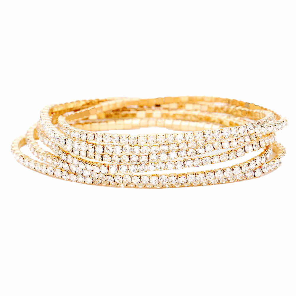 Clear Gold 6pcs Crystal Rhinestone Stretch Layered Bracelets, beautiful crystal clear rhinestones; add this 6 piece layered bracelet to light up any outfit, feel absolutely flawless. Fabulous fashion and sleek style. Perfect Birthday Gift, Anniversary Gift, Mother's Day Gift, Thank you Gift, 