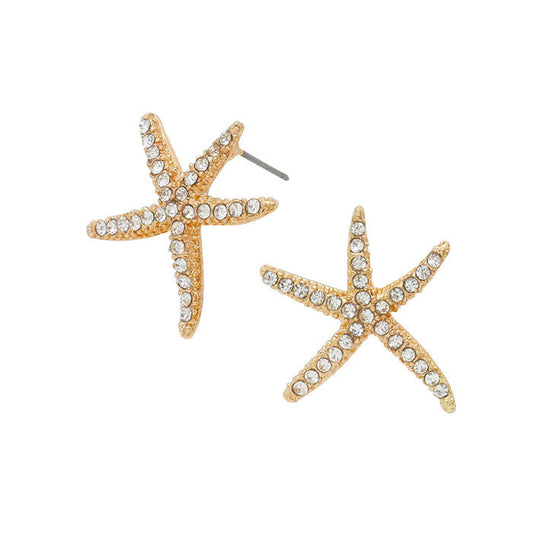 Clear Gold Crystal Starfish Stud Earrings, shiny polished, a timeless treasure, simple sophistication makes a standout addition to your collection designed adds a pop of color to any outfit style, jewelry that fits your lifestyle! Perfect Birthday, Anniversary, Mother's Day & Thank you Gift, Fun Spring Summer Jewelry.