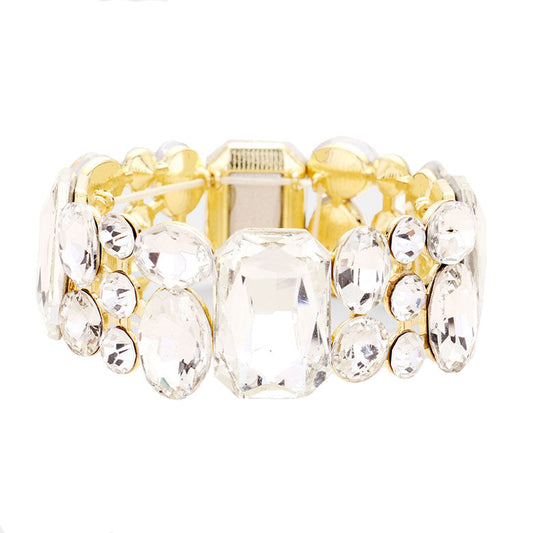 Clear Gold Emerald Cut Crystal Accented Stretch Evening Bracelet, Get ready with these Stretch Bracelet, put on a pop of color to complete your ensemble. Perfect for adding just the right amount of shimmer & shine and a touch of class to special events. Perfect Birthday Gift, Anniversary Gift, Mother's Day Gift, Graduation Gift.