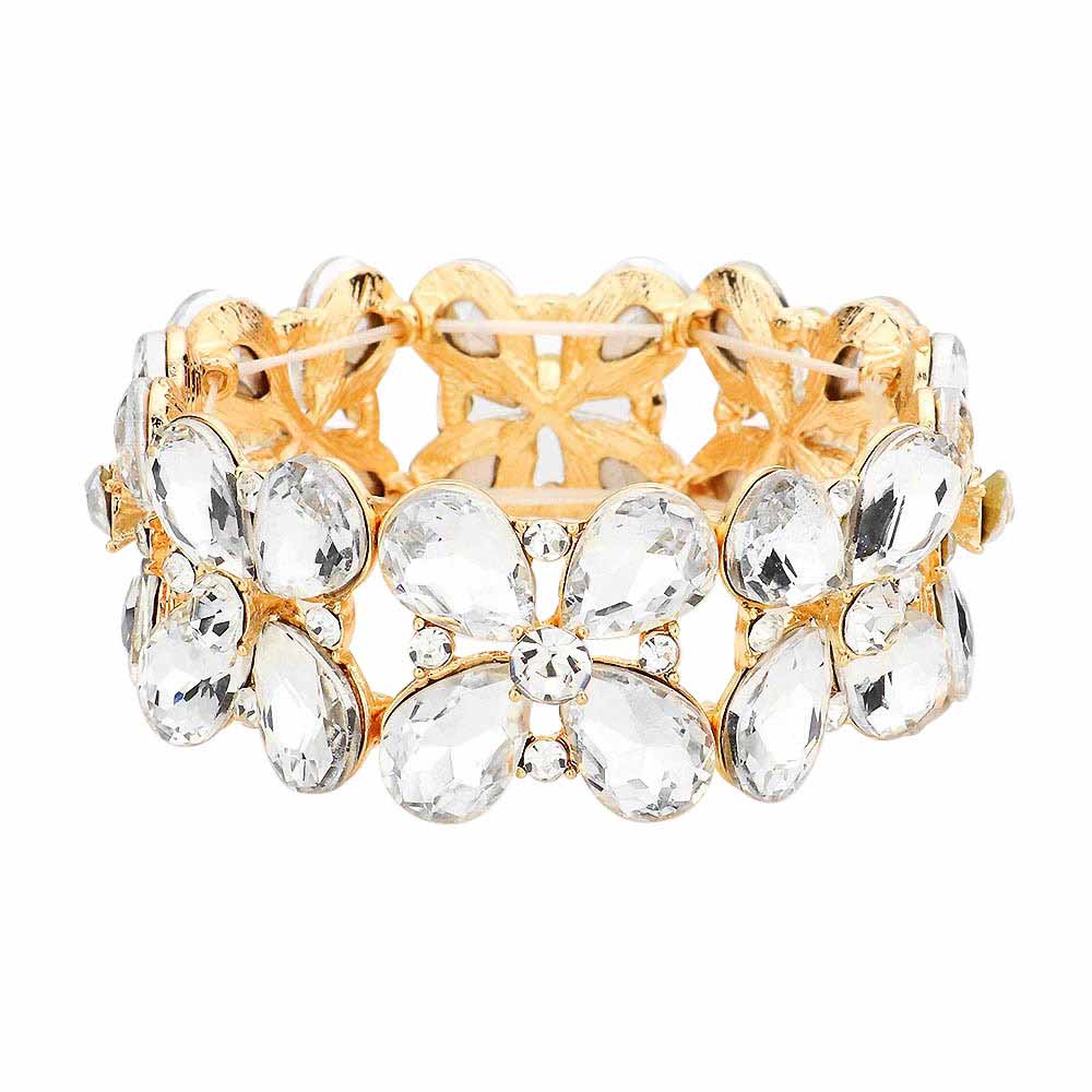 Clear Gold Floral Teardrop Glass Crystal Stretch Evening Bracelet, this Crystal Stretch Bracelet sparkles all around with it's surrounding round stones, stylish stretch bracelet that is easy to put on, take off and comfortable to wear. It looks so pretty, brightly, and elegant on any special occasion. Jewelry offers a wide variety of exquisite jewelry for your Party, Prom, Pageant, Wedding, Sweet Sixteen, and other Special Occasions! Stay gorgeous wearing this stunning floral design stretch bracelet.