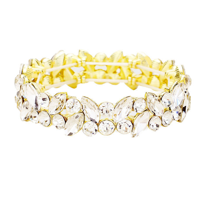 Clear Gold Glass Crystal Marquise Stone Cluster Stretch Bracelet, Get ready with these Rhinestone Coil Bracelet, put on a pop of color to complete your ensemble. Perfect for adding just the right amount of shimmer & shine and a touch of class to special events. Perfect Birthday Gift, Anniversary Gift, Mother's Day Gift.