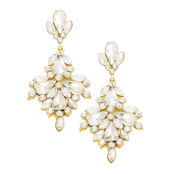 Clear Gold Glass Crystal Statement Earrings, These gorgeous Crystal pieces will show your class in any special occasion. The elegance of these crystal evening earrings goes unmatched. Perfect jewelry to enhance your look. Awesome gift for birthday, Anniversary, Valentine’s Day or any special occasion.