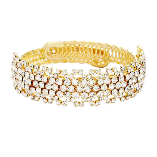 Clear Gold Rhinestone Crystal Pave Evening Bracelet; Look as regal on the outside as you feel on the inside, feel absolutely flawless. Fabulous fashion and sleek style adds a pop of pretty color to your attire, coordinate with any ensemble from business casual to everyday wear