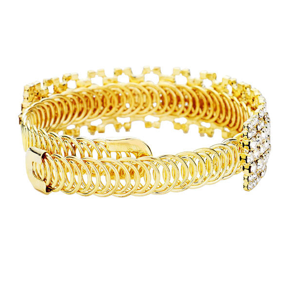 Clear Gold Rhinestone Crystal Pave Evening Bracelet; Look as regal on the outside as you feel on the inside, feel absolutely flawless. Fabulous fashion and sleek style adds a pop of pretty color to your attire, coordinate with any ensemble from business casual to everyday wear