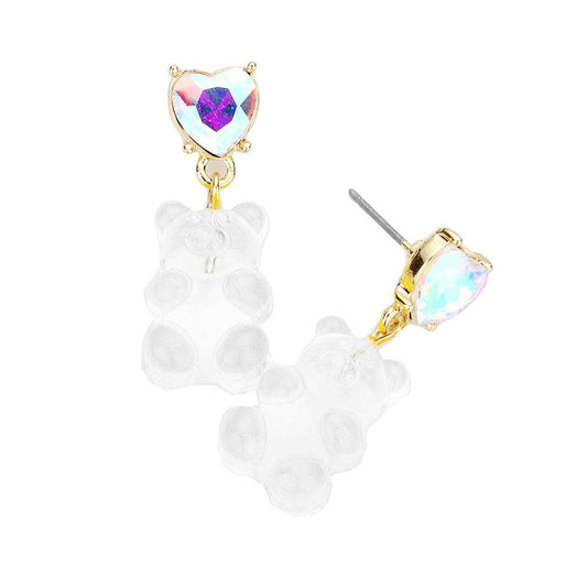 Clear Heart Stone Gummy Bear Dangle Earrings. Jewelry that fits your lifestyle! Perfect Birthday Gift, Anniversary Gift, Mother's Day Gift, Anniversary Gift, Graduation Gift, Prom Jewelry, Just Because Gift, Thank you Gift.