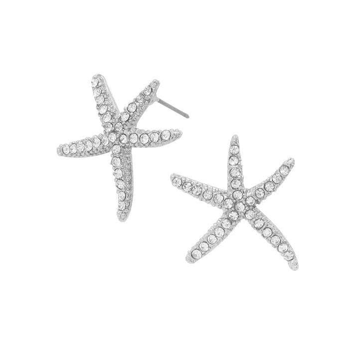 Clear Rhodium Crystal Starfish Stud Earrings, shiny polished, a timeless treasure, simple sophistication makes a standout addition to your collection designed adds a pop of color to any outfit style, jewelry that fits your lifestyle! Perfect Birthday, Anniversary, Mother's Day & Thank you Gift, Fun Spring Summer Jewelry.