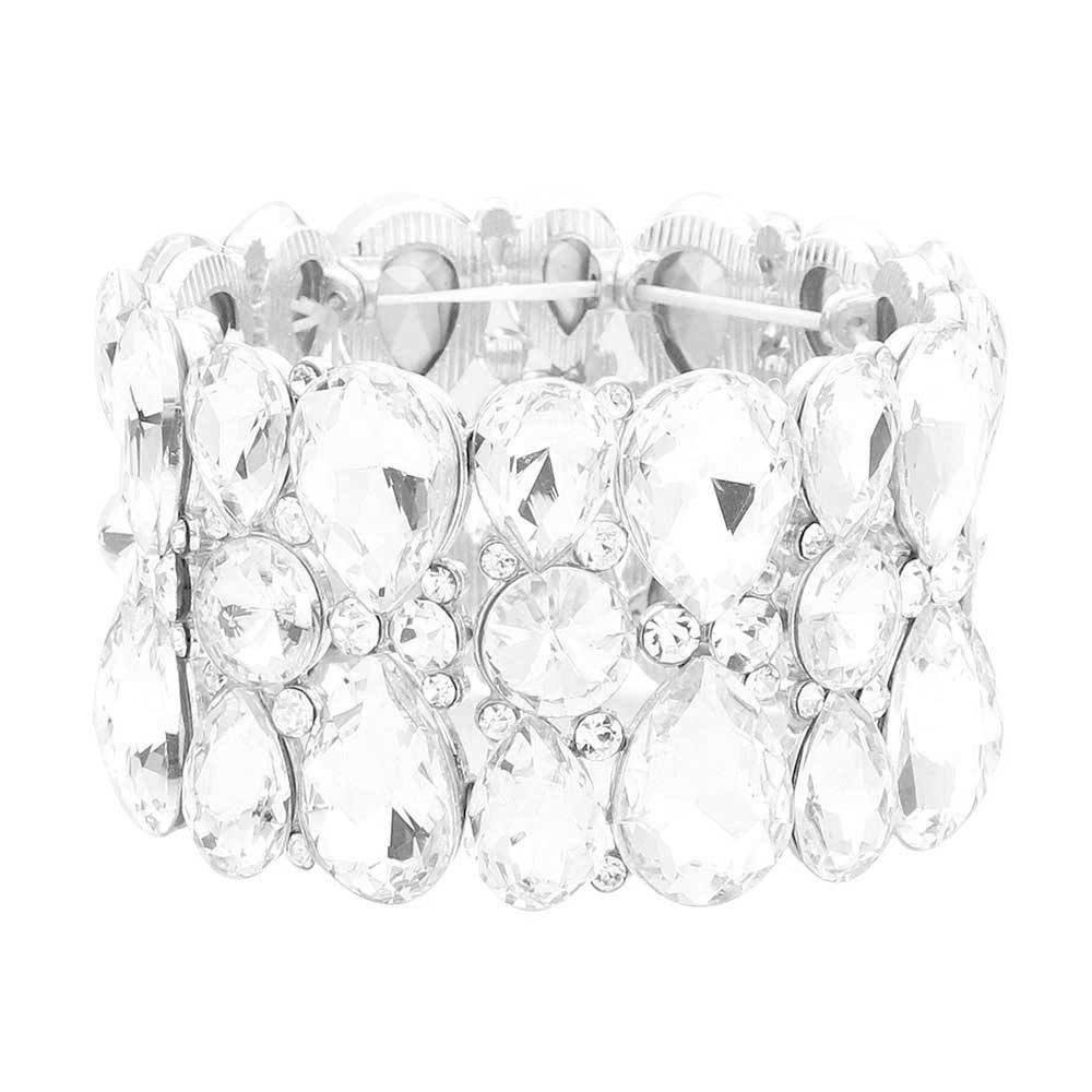 Clear Rhodium Teardrop Crystal Stretch Evening Bracelet, Teardrop have provided a great deal to emulate in the way of shapes, textures, and colors of the jewelry. Get ready with these Stretch Bracelet, put on a pop of color to complete your ensemble. It will make you more eye-catching in ceremony, reception, party, dance and other gorgeous events. Great gift idea for Birthday, Anniversary, Valentines Day or any special occasions.