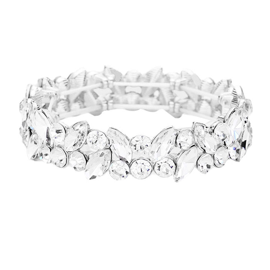 Clear Silver Glass Crystal Marquise Stone Cluster Stretch Bracelet, Get ready with these Rhinestone Coil Bracelet, put on a pop of color to complete your ensemble. Perfect for adding just the right amount of shimmer & shine and a touch of class to special events. Perfect Birthday Gift, Anniversary Gift, Mother's Day Gift.