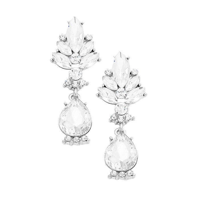 Clear Silver Marquise Glass Crystal Teardrop Dangle Evening Set, dare to dazzle with this bejeweled evening set, designed to accent the face look, oversized crystals dangle earrings, which are a perfect way to add sparkle to everything, showing off your elegance. Wear together or separate according to your event.