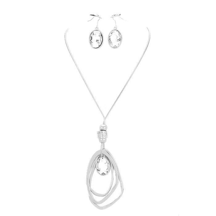 Clear Silver Oval Glass Crystal Triple Abstract Hoop Necklace with earrings set; exquisite beautifully crafted charms add a gorgeous glow to any outfit. Perfect Birthday Gift, Anniversary Gift, Mother's Day Gift, Anniversary Gift, Graduation Gift, Prom Jewelry, Just Because Gift, Thank you Gift, Keepsake Gift, Mom Gift