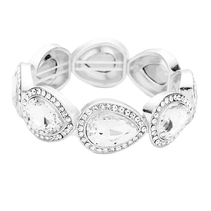 Clear Silver Rhinestone Trim Teardrop Crystal Stretch Evening Bracelet, Get ready with these Stretch Bracelet, put on a pop of color to complete your ensemble. Perfect for adding just the right amount of shimmer & shine and a touch of class to special events. Perfect Birthday Gift, Anniversary Gift, Mother's Day Gift.