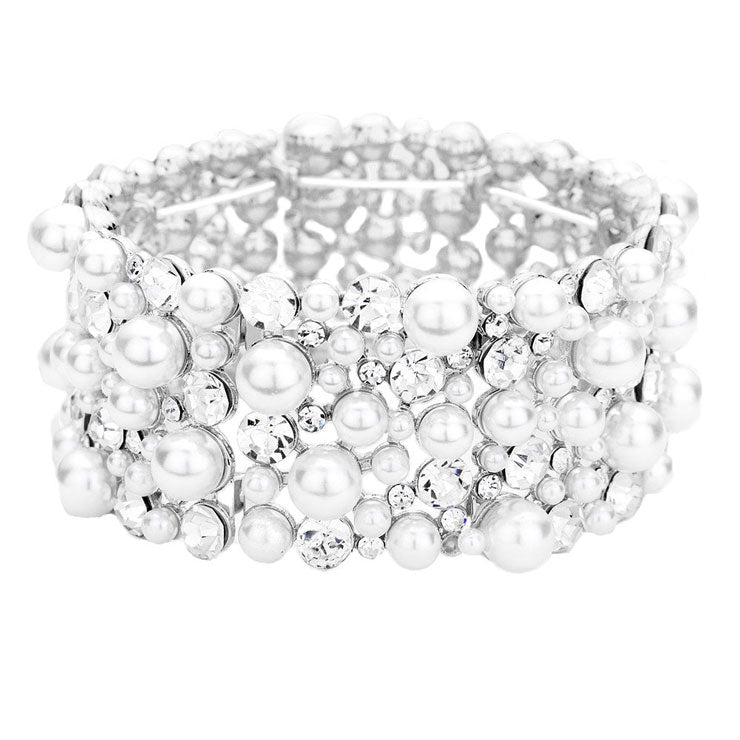 Clear Silver Stretchable Pearl Pave Stretch Evening Bracelet, Get ready with these Magnetic Bracelet, put on a pop of color to complete your ensemble. Perfect for adding just the right amount of shimmer & shine and a touch of class to special events. Perfect Birthday Gift, Anniversary Gift, Mother's Day Gift, Graduation Gift.