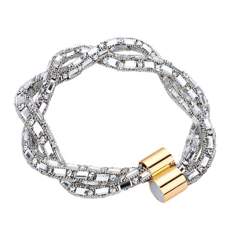 Clear Stone Embellished Twisted Magnetic Bracelet, Glam up your look with this Magnetic bracelet. Make your vibe extra sparkly with this eye-catching arm candy. The magnet clasp keeps the bracelet secure on your wrist and makes it easy to wear and take off. This wide Twisted- style bracelet works well as a statement jewelry piece. Awesome gift for birthday, Anniversary, Valentine’s Day or any special occasion.